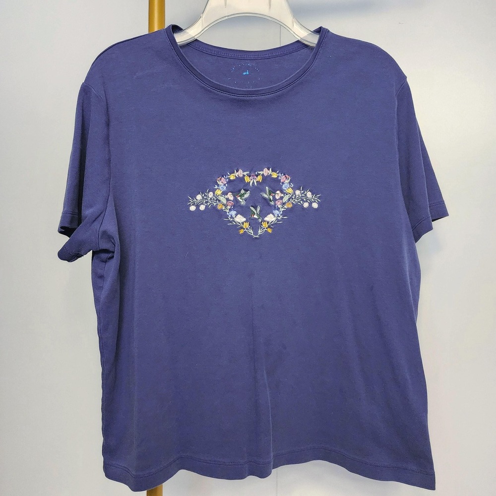 Vintage Embroidered Floral Heart Hummingbird Short Sleeve Tee Navy Blue Large